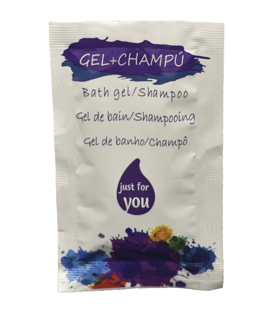Sobre Gel+Champú 10 ml Just For you 200 unds. Gel y Jabón Geyushi GY-SGCHC200