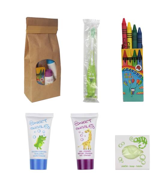 Kit Baño Infantil Sweet Bubble Bolsa Kraft 60 uds Set Aseo Personal Geyushi GY-KISBK