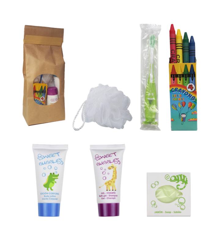 Kit Baño Infantil con Esponja Sweet Bubble Bolsa Kraft 60 uds Set Aseo Personal Geyushi GY-KISBCEK