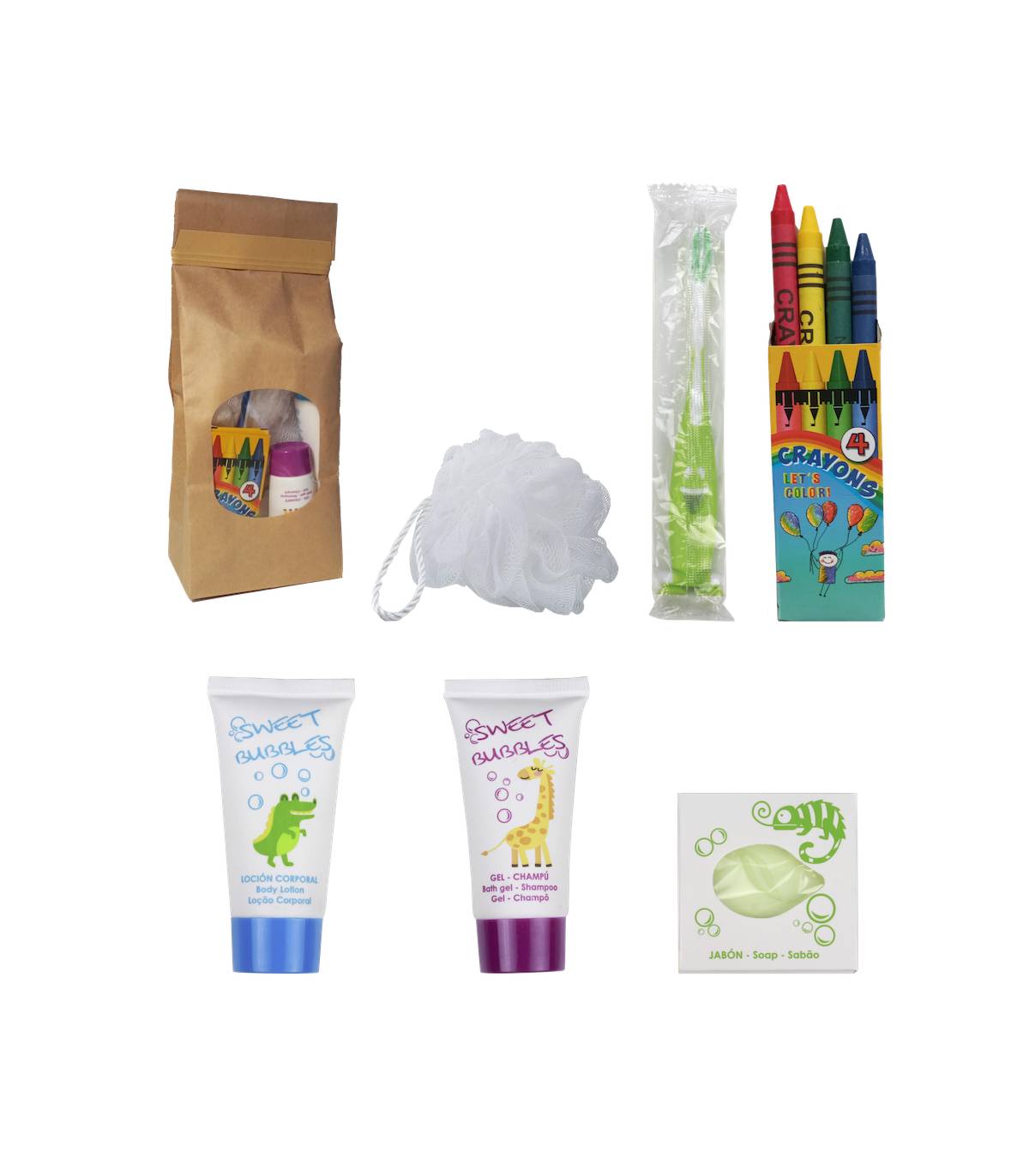 Kit Baño Infantil con Esponja Sweet Bubble Bolsa Kraft 60 uds Set Aseo Personal Geyushi GY-KISBCEK