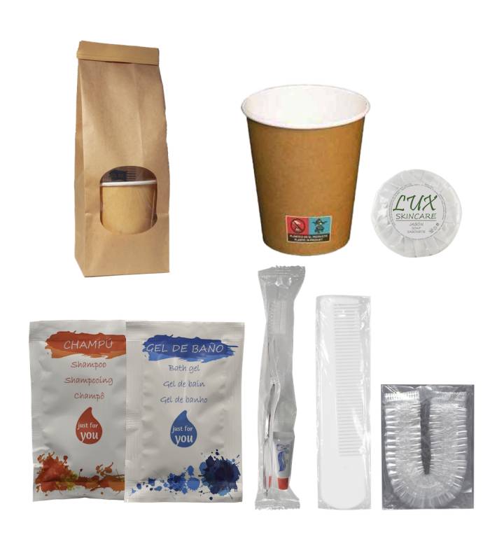 Set Amenities con Vaso Bolsa Kraft 90 uds Set Aseo Personal Geyushi GY-STVDAISYK